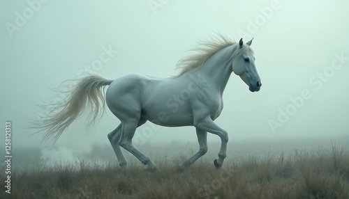 Ethereal equine gallop A white horse running through misty grassland