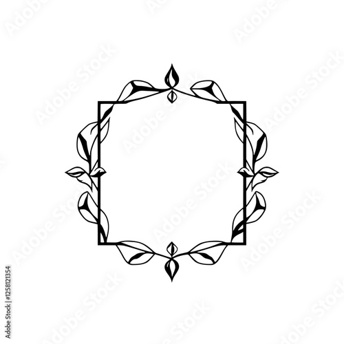 Minimalist Square Botanical Frame: Black and white floral ornament with leaf-like shapes around a centered square.