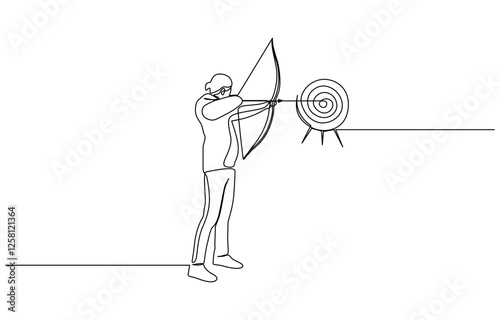 One single line drawing of young archer man focus exercising archery to hit the target, Archer bow athlete aiming target continuous one line drawing.