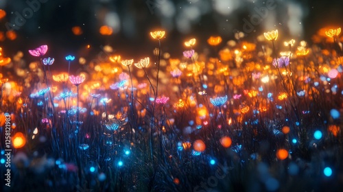A futuristic meadow filled with glowing bioluminescent mushrooms of different colors