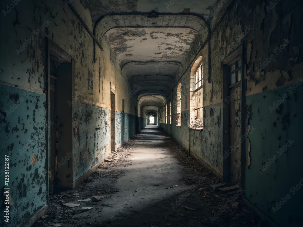 corridor of an old abandoned dilapidated building corridor of an old abandoned dilapidated building