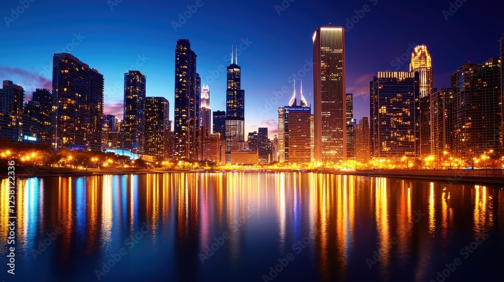 Fototapeta premium Vibrant Night Skyline Reflection of City Lights on Calm Water