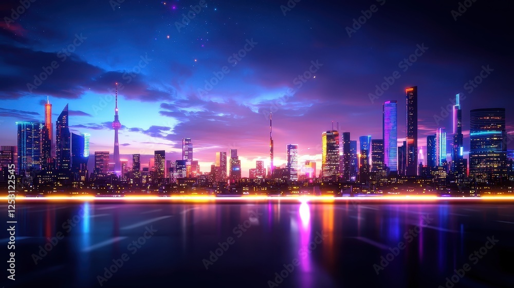 Fototapeta premium Vibrant City Skyline at Sunset with Colorful Lights and Reflections