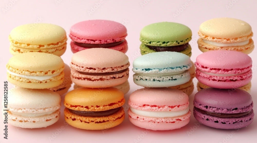 Colorful macarons on pink background, sweet treats, delicious pastries, food photography, bakery Colorful macarons on pink background, sweet treats, delicious pastries, food photography, bakery