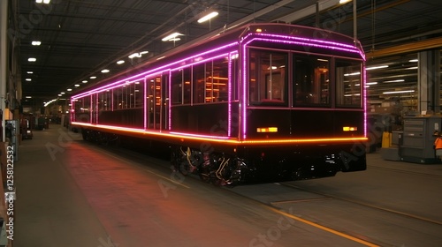 Futuristic Train Car with Neon Lights Inside an Industrial Maintenance Facility Interior Setting