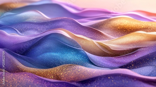 A surreal desert with shifting sand dunes in shades of purple, turquoise, and gold