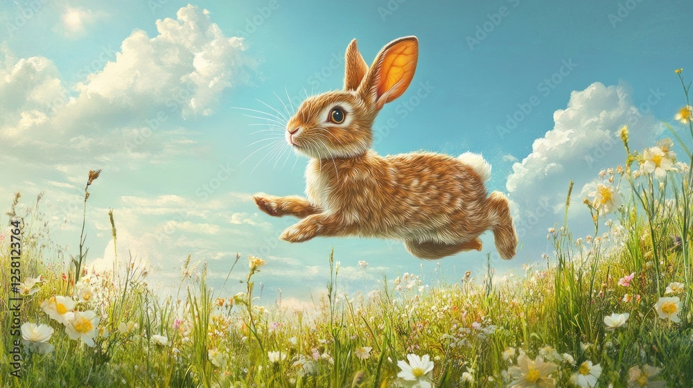 Obraz premium A Happy Bunny's Spring Leap: Joyful Flight Over a Meadow of Blossoms