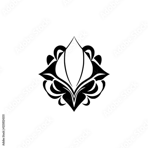 Geometric Floral Motif: A black and white artful design with a symmetrical composition on a white background.