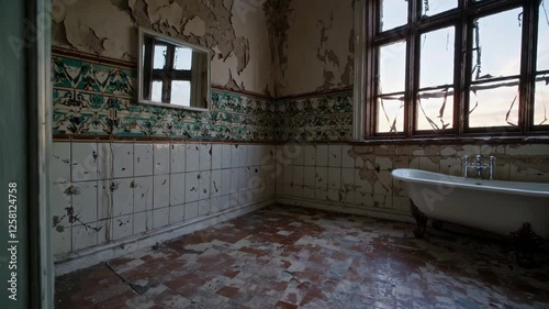 Wallpaper Mural An eerie, abandoned bathroom that showcases an old vintage tub amid the gradually decaying decor surrounding it Torontodigital.ca