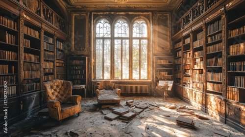 abandoned library with towering bookshelves  dusty furniture  and sunlight streaming through large windows creates nostalgic atmosphere