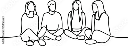 Four Friends Sitting Together, Casual Line Art Drawing