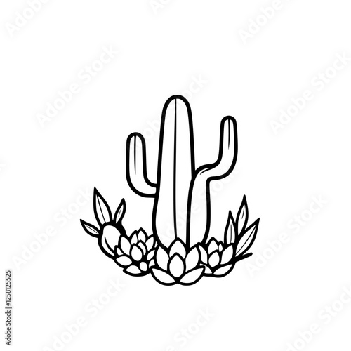 Desert botanical composition featuring a central upright cactus, with succulent arrangements, and stylized linework against white.