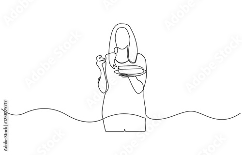 One continuous line young mother with a birthday cake for children, Continuous one line design of a mother and her son together making a cake.