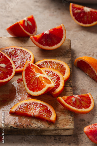 Freshly sliced blood oranges on a rustic wooden board