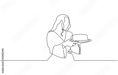 One continuous line young mother with a birthday cake for children, Continuous one line design of a mother and her son together making a cake.