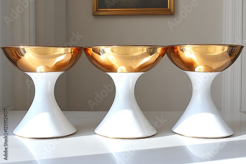 • A trio of petite, lacquered miso soup bowls with matching lids is staged in a triangular arrangement on a pristine white surface. The bright, shadow-free lighting highlights their gleaming  photo