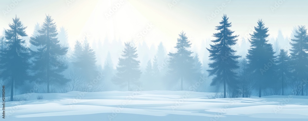 Winter snow scene with pine trees and fog in the background. The sky is clear, with rays of sunlight shining through the clouds. There are no text or other elements on it. Winter snow scene with pine trees and fog in the background. The sky is clear, with rays of sunlight shining through the clouds. There are no text or other elements on it.