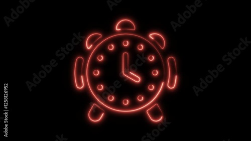 Glowing neon alarm clock icon isolated on black background. HD Video motion graphic animation