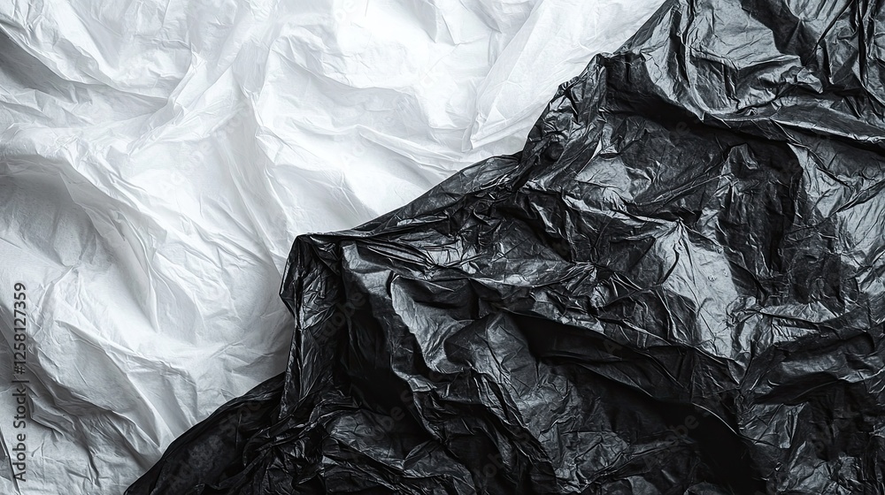 Crumpled black plastic bag texture with a white plastic bag in the background. The contrast of the materials highlights the wrinkled, distressed surface of the black bag. Crumpled black plastic bag texture with a white plastic bag in the background. The contrast of the materials highlights the wrinkled, distressed surface of the black bag.
