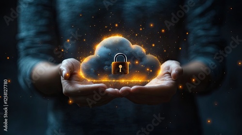 Cybersecurity technology concept. Businessman holding padlock and cloud icon, ensuring information security and encryption, protecting user privacy, and preventing cybercrime.