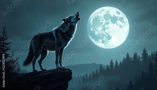 Lone wolf howls at the luminous moon on mountain peak scenery