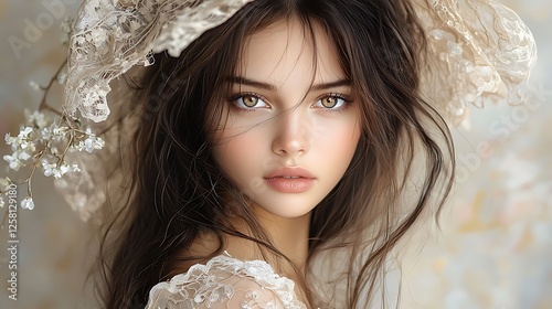 A stunning classical portrait of a beautiful girl with long, deep brown hair, large hypnotic eyes, and fair porcelain skin, elegantly poised in an extravagant rococo-style room, soft golden 