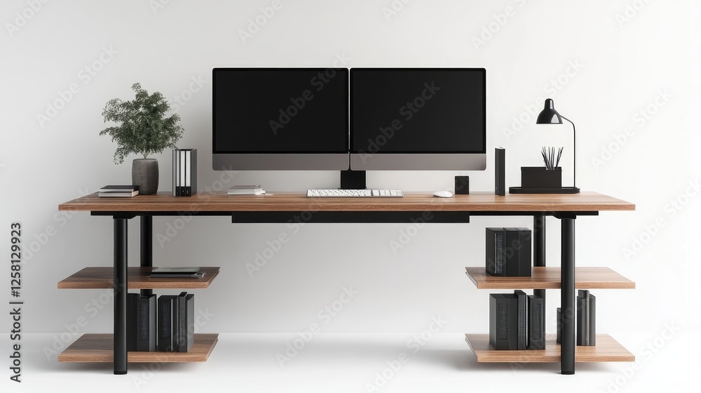Home office with a modern desk setup, dual monitors, and an organized shelving unit on a white backdrop Home office with a modern desk setup, dual monitors, and an organized shelving unit on a white backdrop