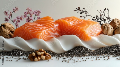 Salmon fillets, walnuts and chia seeds promoting healthy fats and omega 3 intake