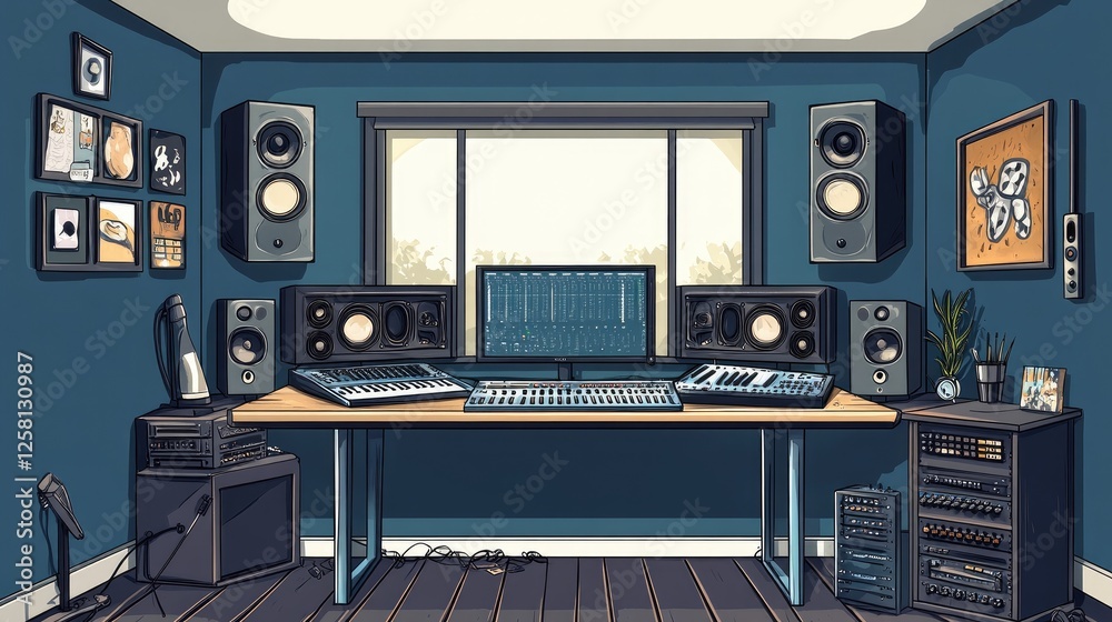 Home studio with soundproof walls, a large desk, dual monitors, and wall-mounted acoustic panels for professional-quality recording Home studio with soundproof walls, a large desk, dual monitors, and wall-mounted acoustic panels for professional-quality recording
