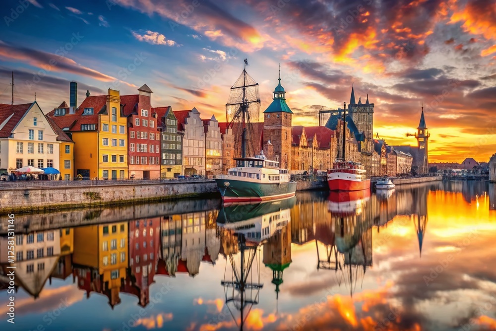 Fototapeta premium Gdansk Harbor, Poland: Stunning High-Resolution Photo of Ships and Cranes at Dawn