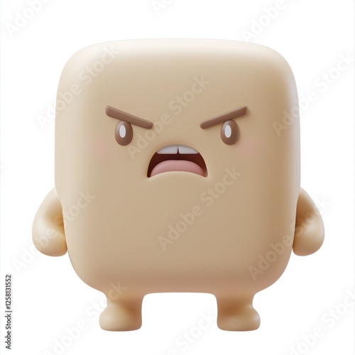 Cute angry marshmallow character, square shape, tiny arms, frowning face, beige color, simple design, kawaii style, minimalist, 3D render, soft lighting, clean background, toy-like, expressive eyebrow