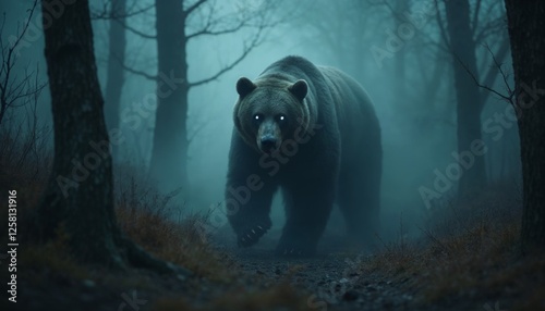 Mystical bear encounter in a foggy forest wilderness landscape photo