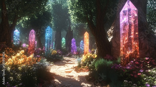A fantastical island where the trees have crystal-like leaves that refract colorful light