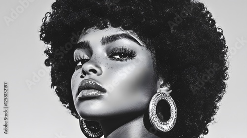 Sophisticated black-and-white portrait of a stylish Woman With Natural Hair and Elegant Earrings