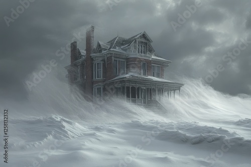 An old Victorian house is engulfed by a fierce blizzard, snowdrifts burying the porch and yard.