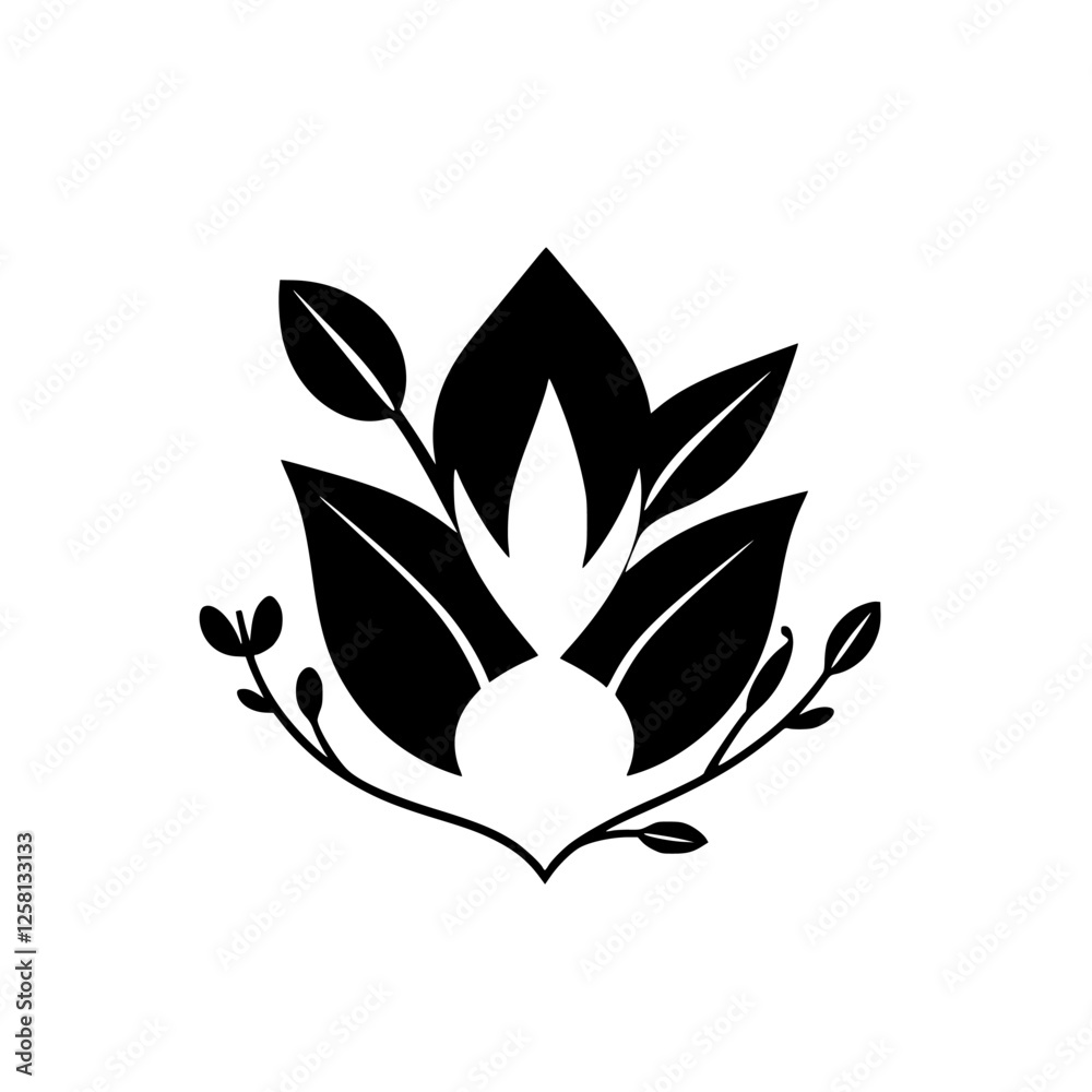 Minimalistic black and white illustration depicting a stylized floral arrangement and leaf motif.