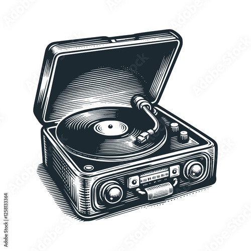 Vinyl record player. Black white vector illustration.