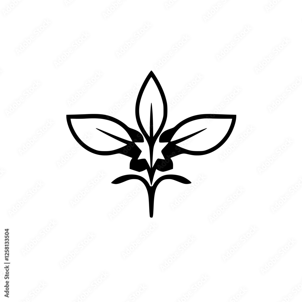 Fototapeta premium A simplistic stylized image of a symmetrical plant with three leaves and a stem against a white backdrop.