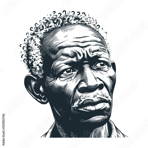 Old man with gray hair. Black white vector illustration.