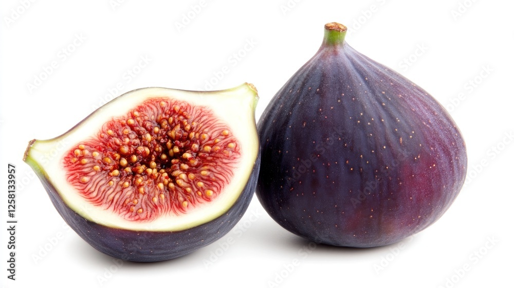 Ripe figs, cut open, white background, healthy food Ripe figs, cut open, white background, healthy food