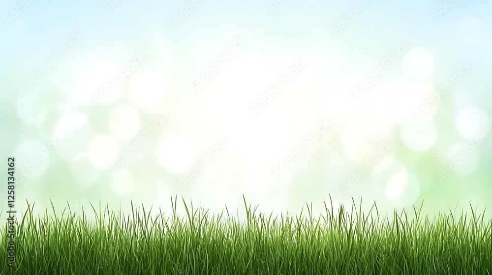 Fototapeta premium Green Grassy Landscape With Bokeh Background Spring or Summer Season Scene Natural Illustration