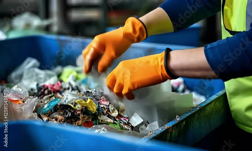 Worker sorting plastic waste in recycling plant