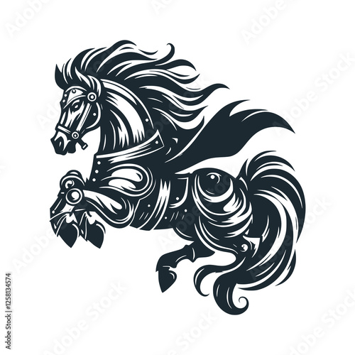 Long-haired horse jumping. Black white vector illustration.