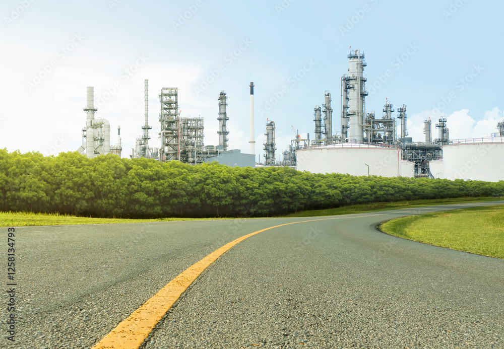 Asphalt road and Oil refinery plant with lush green trees and blue sky, large Oil and gas petrochemical industrial, Refinery factory oil storage tank and pipeline, Ecosystem and good environment. Asphalt road and Oil refinery plant with lush green trees and blue sky, large Oil and gas petrochemical industrial, Refinery factory oil storage tank and pipeline, Ecosystem and good environment.