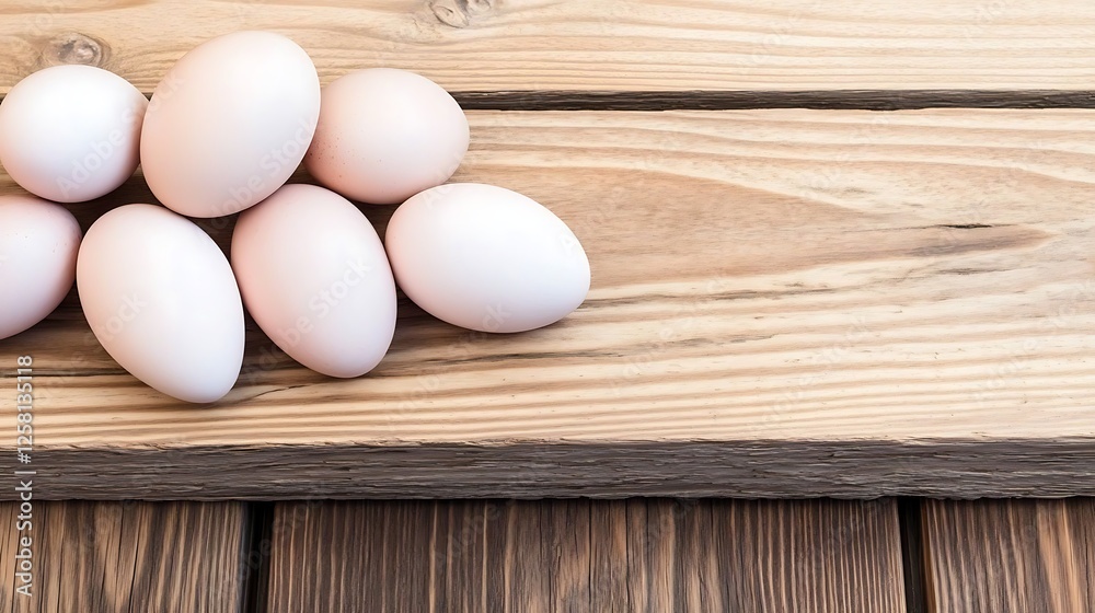 Grouping of Eggs Nestled on Rustic Wooden Board Featuring Warm Tones and Natural Lighting
