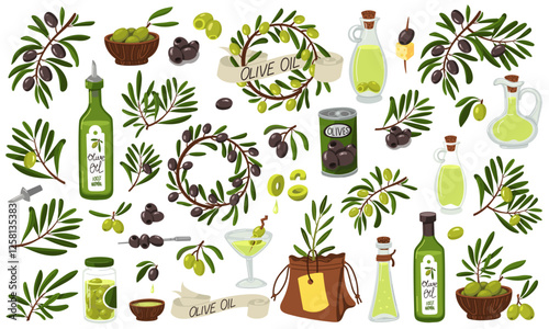 A set of olives and olive oil, isolated olive-colored badges with products and decorations. olives, twigs, olive branch, wreaths, fruits, skewers, drink, cans, ribbon, sprout vector illustration