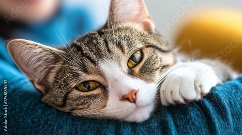 Relaxed Cat Resting on Lap - Adorable tabby cat resting peacefully on a person's lap, showcasing its calm and serene demeanor