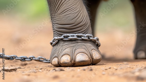 Close-up of elephant's foot bound by metal chain on dirt ground, showcasing captivity and restriction of movement.