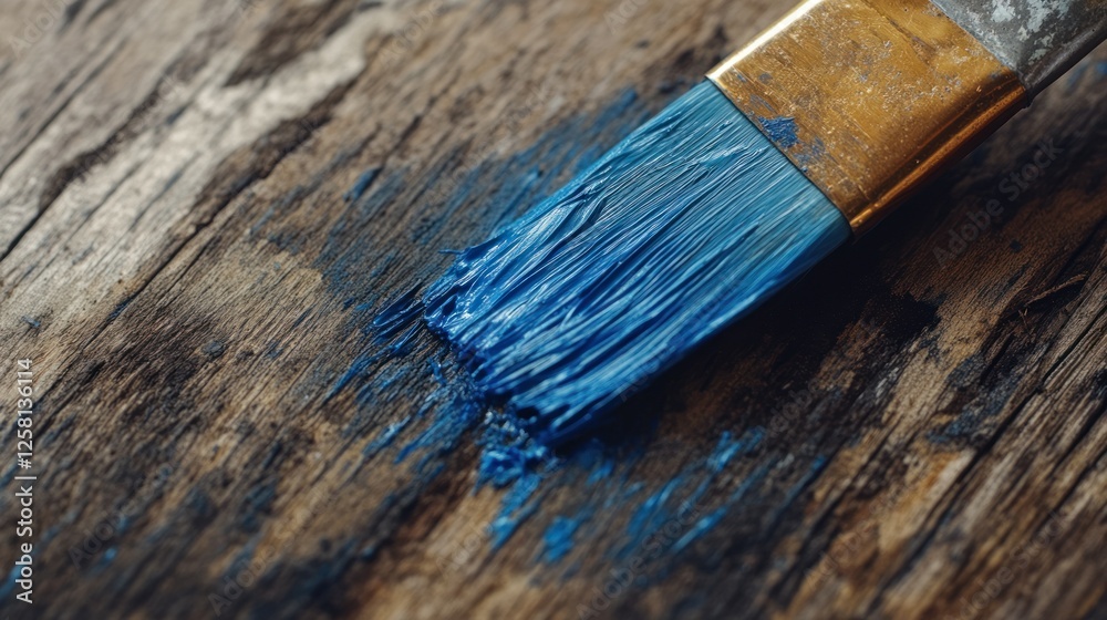 A detailed macro shot of a blue paintbrush dragging across a rugged wooden surface, leaving behind thick uneven grunge textures. High-resolution 4K image A detailed macro shot of a blue paintbrush dragging across a rugged wooden surface, leaving behind thick uneven grunge textures. High-resolution 4K image