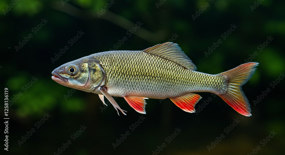 Common Rudd Fish Swimming Underwater with Red Fins and Detailed Scales Common Rudd Fish Swimming Underwater with Red Fins and Detailed Scales
